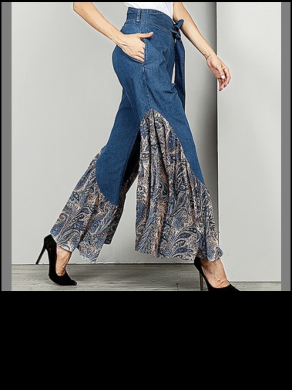 Reborn Size Large Blue Denim Flare Wide Leg Jeans with Paisley Panels
